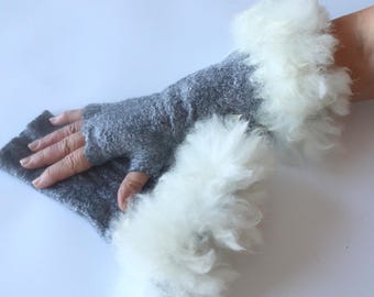 Felt fingerless gloves Hand Felted Mittens, Alpaca White gloves, Fur mittens Gray Grey wool mittens, Cozy winter Gloves, wool arm warmer