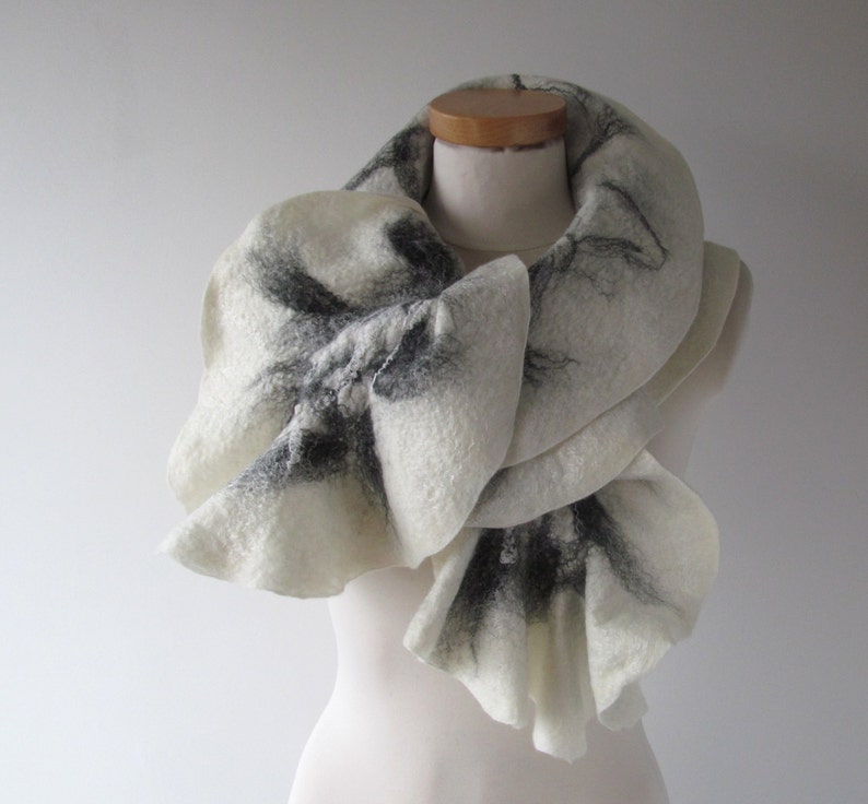 Felted scarf Grey scarf ruffle collar, wet felted ruffle scarf , White Black grey collar by Galafilc gift for her outdoors gift image 6