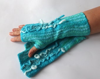 Wool fingerless gloves, Felted mittens blue, turquoise  warm Mittens, blue mitts, Wool gloves,