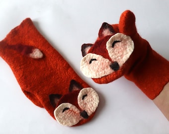 Felt  gloves Hand Felted Fox Mittens, ginger fox gloves,   orange wool mittens, Cozy winter Gloves, arm warmer gift for her