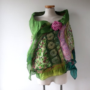 Nuno felted scarf, Women spring  felt scarf,  Green pink wool silk scarf gift for her Galafilc