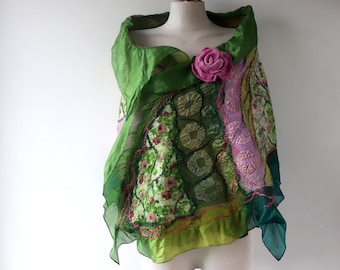 Nuno felted scarf, Women spring  felt scarf,  Green pink wool silk scarf gift for her Galafilc