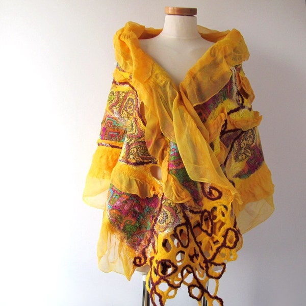 Nuno felted scarf  - Yellow orange pink  flower