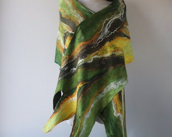 Wool  felted scarf, Green Yellow felt scarf,  woodland scarf , Women shawl spring scarf  Green leaf scarf gift for her outdoors gift