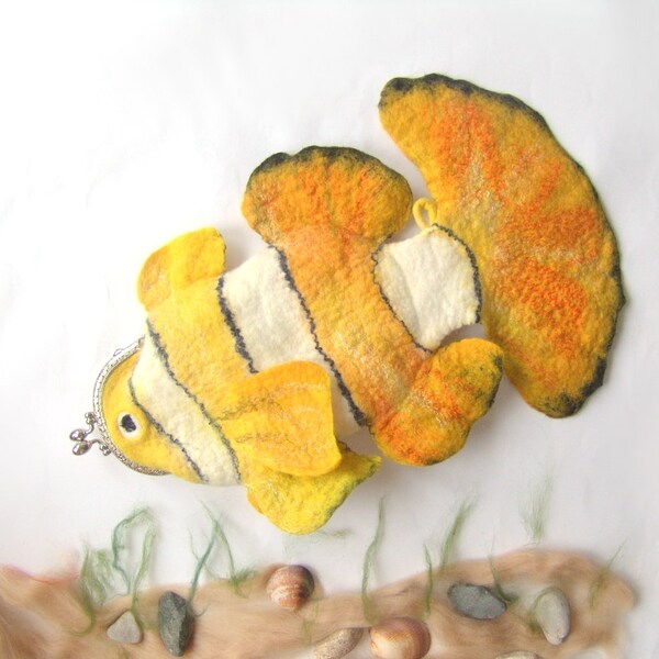 RESERVED Felted purse cosmetic Yellow Fish  Metal Frame  octopurse