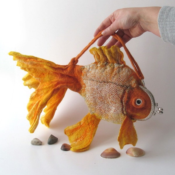 Felted fish purse cosmetic Golden  Fish  Yellow Red octopurse