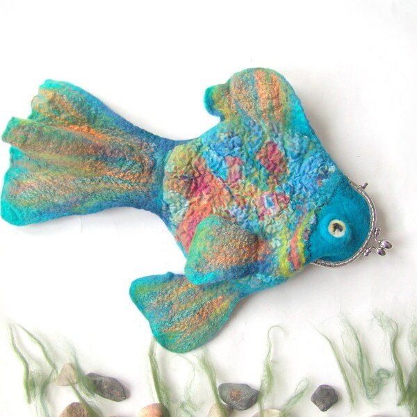 Felted fish purse cosmetic Fish blue Metal Frame octopurse