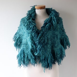 Felt Fur Curly scarf Teal Blue Hand Felted scarf Pure Real Wool Fleece by galafilc Organic and Cruelty Free