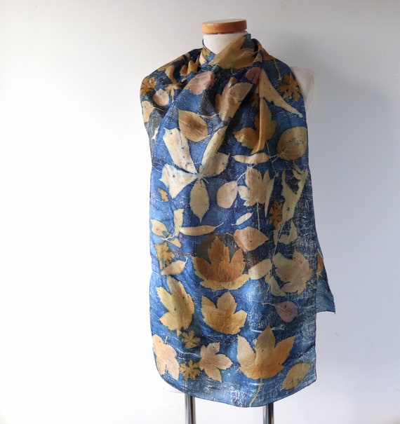 Silk scarf Blue yellow silk scarf Blue scarf plant print scarf | Etsy