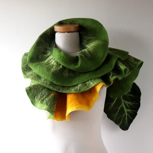 Felted scarf pink ruffle collar Green women scarf Green yellow scarf wool Ruffle scarf by Galafilc gift for her image 3