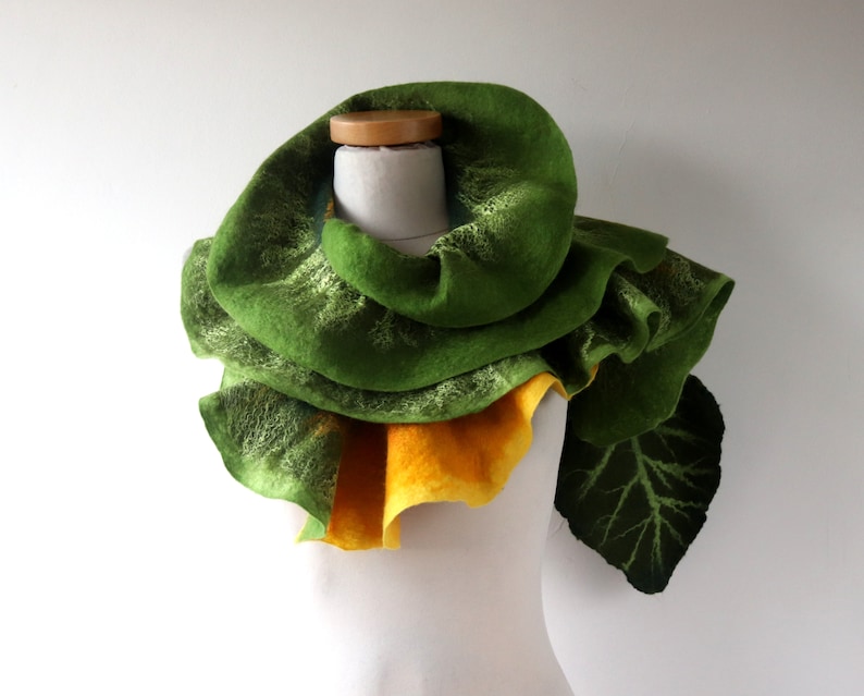 Felted scarf pink ruffle collar Green women scarf Green yellow scarf wool Ruffle scarf by Galafilc gift for her image 3