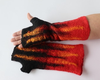 Felted Wool Fingerless Mittens: Black & Red Silk Fiber Gloves