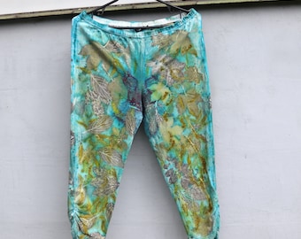 Cotton leggings for women dye eco print botanical print Green Cotton leggings  Pants yoga medium size hand dyed  pants  galafilc