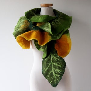 Felted scarf pink ruffle collar Green women scarf Green yellow scarf wool Ruffle scarf by Galafilc gift for her image 1