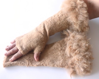 Hand Felted Alpaca Fingerless Gloves: Merino Wool Arm Warmers