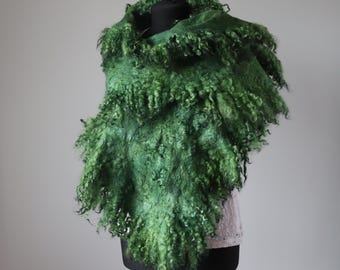Felt Fur Curly scarf Green Hand Felted scarf Pure Real Wool Fleece by galafilc Organic and Cruelty Free