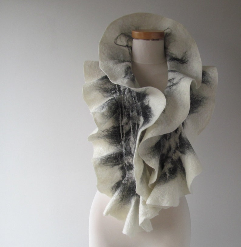 Felted scarf Grey scarf ruffle collar, wet felted ruffle scarf , White Black grey collar by Galafilc gift for her outdoors gift image 3