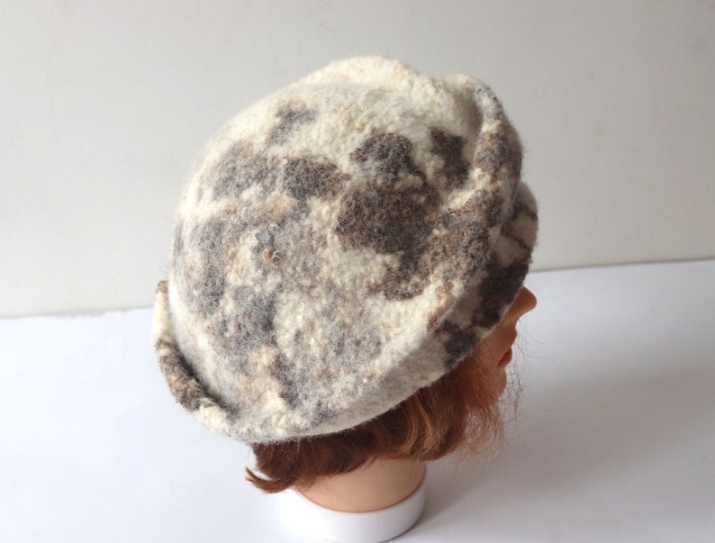 Natural wool beret wool hat Grey beany hat beige wool beanie hat Felt warm hat Brown Grey Wool Hat image 5