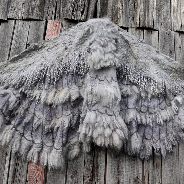 Winged shawl Wings wrap Felted scarf costume wings, Nuno felted scarf, Light grey owl wings felt wings feather  by Galafilc