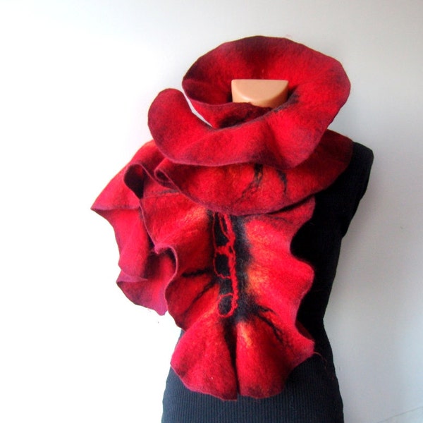 Felted scarf   ruffle collar  Red and Black   gift under 75