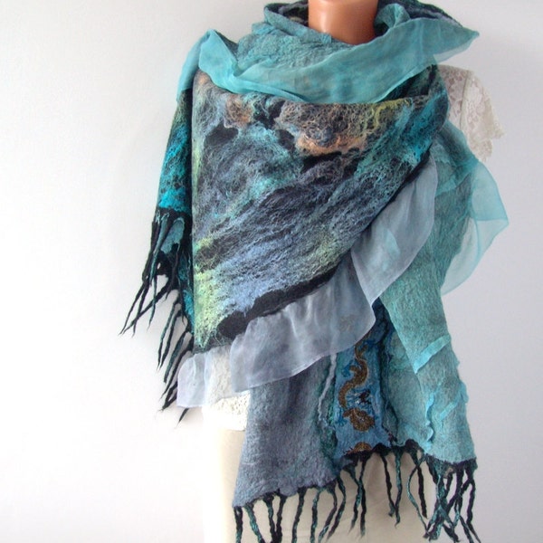 RESERVED Nuno felted scarf  - Teal Grey Turquoise