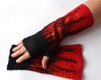 Wool Mittens, Black fingerless gloves, felted Wool gloves, Black and  Red, Winter gift, Halloween Vampire, Warm mitts, Black gloves