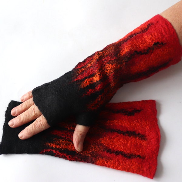 Wool Mittens, Black fingerless gloves, felted Wool gloves, Black and  Red, Winter gift, Halloween Vampire, Warm mitts, Black gloves