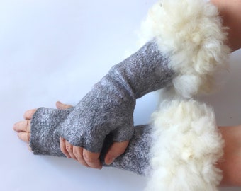 Felt fingerless gloves Hand Felted Mittens, Alpaca White gloves, Fur mittens Gray Grey wool mittens, Cozy winter Gloves, wool arm warmer