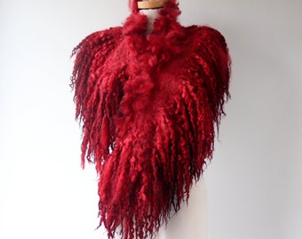 Curly Felted scarf Fur collar Dark Red  felt collar Purple Fur scarf  Pure Wool Fleece real fur scarf Viking Felt scarf