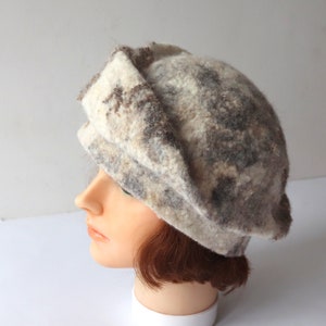 Natural wool beret wool hat Grey beany hat beige wool beanie hat Felt warm hat Brown Grey Wool Hat image 8