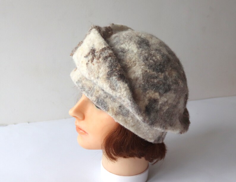 Natural wool beret wool hat Grey beany hat beige wool beanie hat Felt warm hat Brown Grey Wool Hat image 8