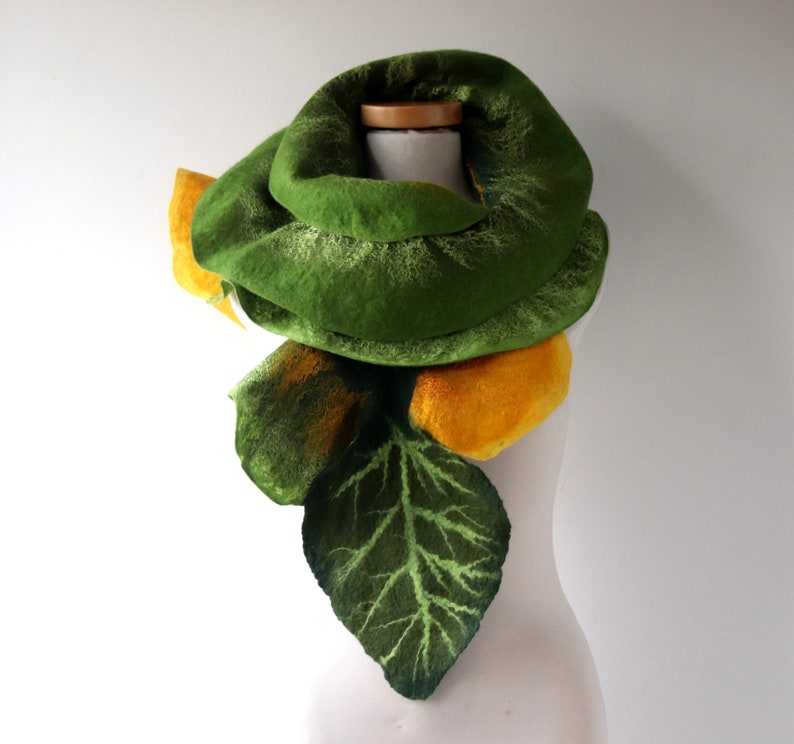 Felted scarf pink ruffle collar Green women scarf Green yellow scarf wool Ruffle scarf by Galafilc gift for her image 4