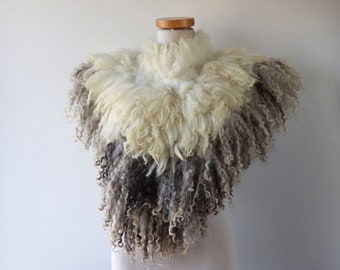 Fur collar Curly Felted collar Natural Grey felt collar Grey Fur scarf with long locks  Pure Wool Fleece real fur scarf Felt necklace