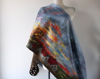 Wool  felted scarf, Sunset felt scarf,  woodland scarf , Women shawl spring scarf  Blue scarf gift for her outdoors gift