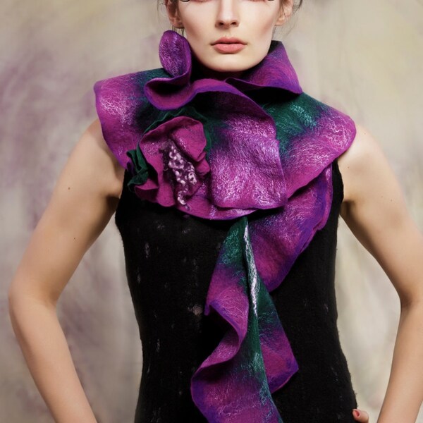 Felted ruffle scarf collar - purple pink amethyst orchid green