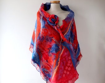 Nuno felted scarf, Women spring felt scarf, red blue wool silk scarf gift for her Galafilc