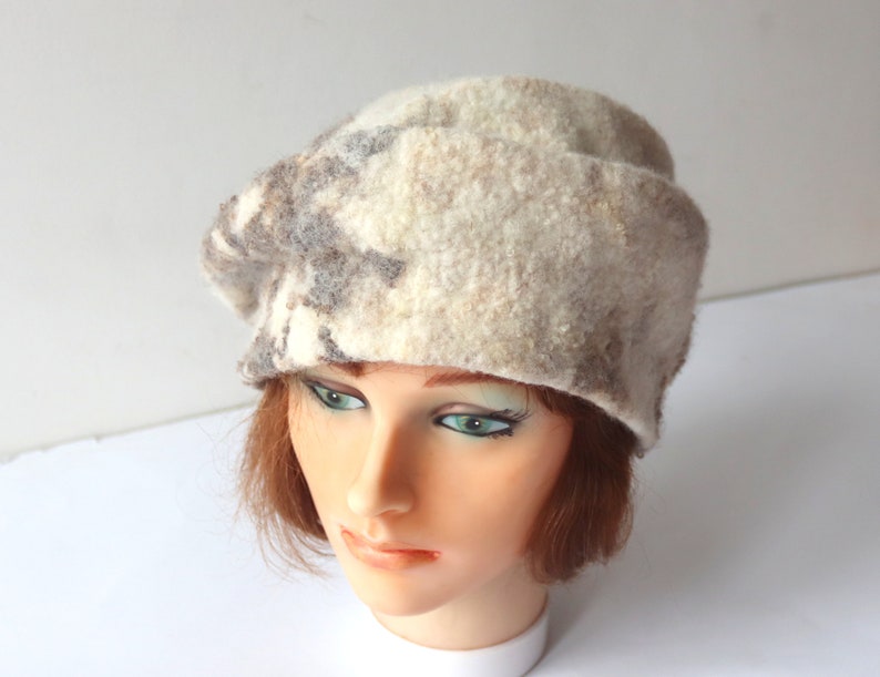 Natural wool beret wool hat Grey beany hat beige wool beanie hat Felt warm hat Brown Grey Wool Hat image 2
