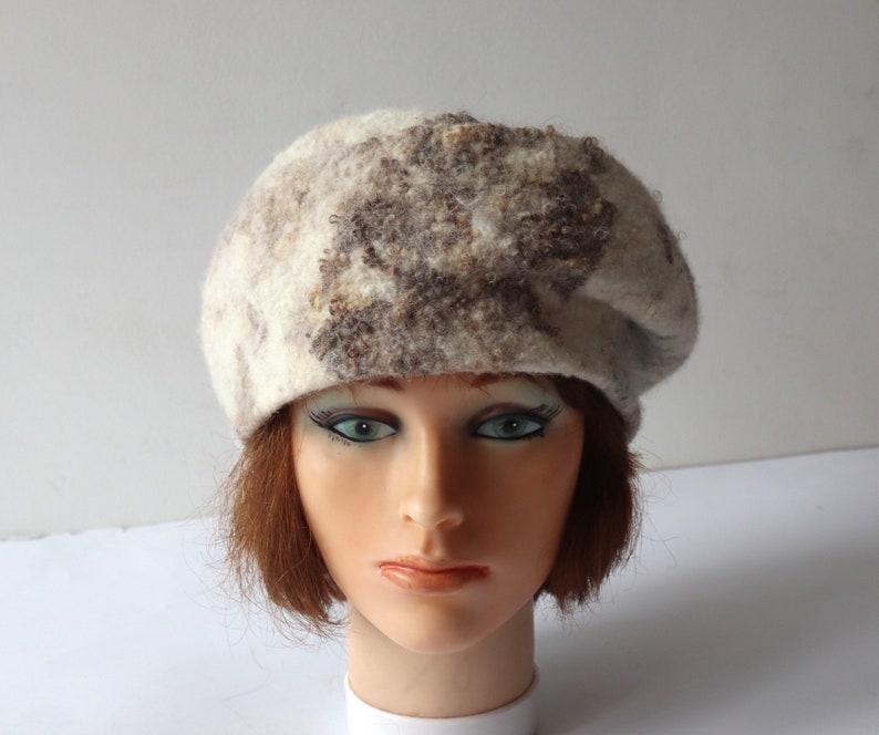 Natural wool beret wool hat Grey beany hat beige wool beanie hat Felt warm hat Brown Grey Wool Hat image 3