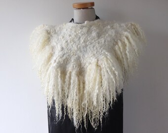 Fur collar Curly Felted collar Natural White  felt collar white Fur scarf with long locks  Pure Wool Fleece real fur scarf necklace