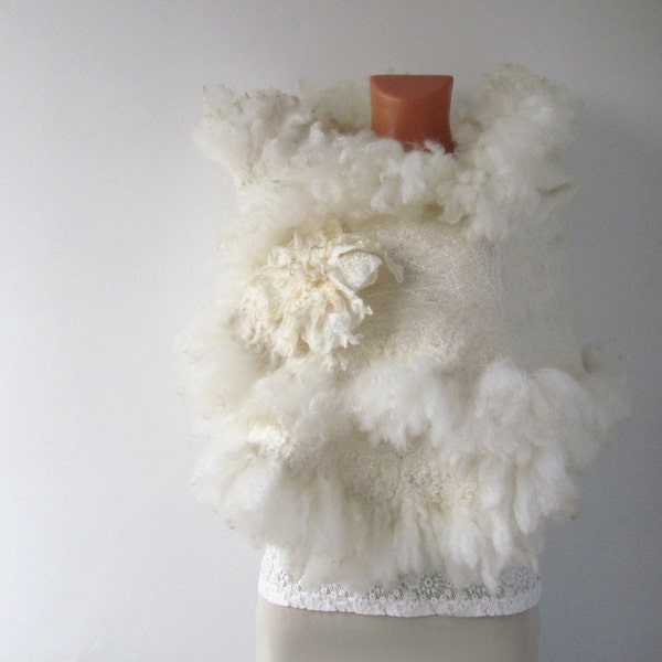 Bridal Felted scarf   Wedding Fur  wrap White  gift brooch cape