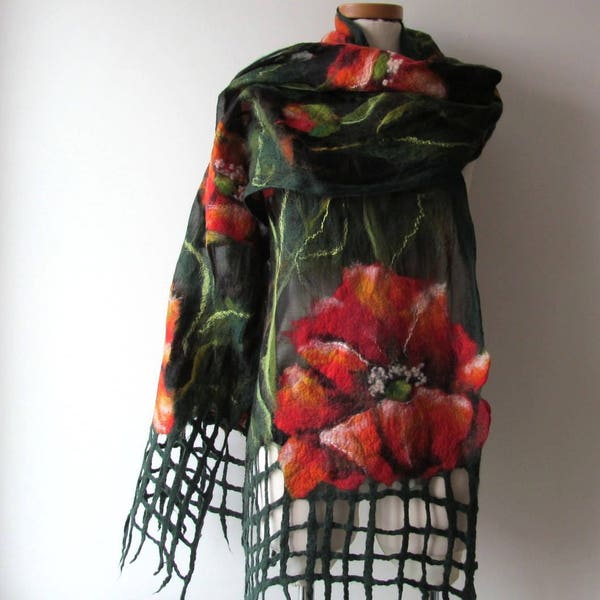 Nuno Felted scarf   Poppy scarf red green flower silk scarf black women scarf by Galafilc gift for her outdoors gift