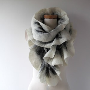 Felted scarf Grey scarf ruffle collar, wet felted ruffle scarf ,  White Black grey collar by Galafilc gift for her outdoors gift