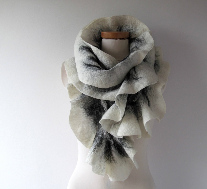 Felted scarf Grey scarf ruffle collar, wet felted ruffle scarf , White Black grey collar by Galafilc gift for her outdoors gift image 1