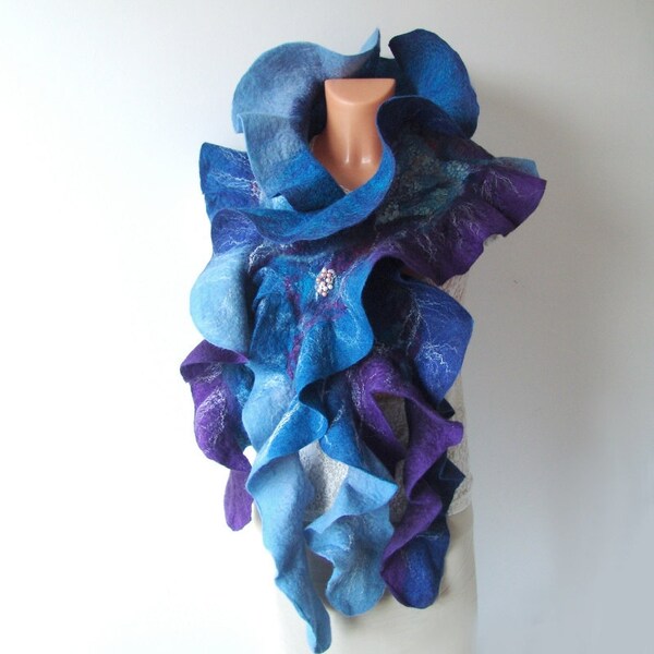 Nuno felted scarf ruffle collar - dark blue violet