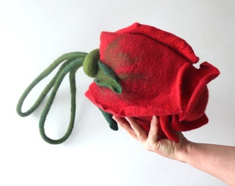 Felted handbag red Rosa flower rose  Evening Bag  Romantic tote bag  red rose flower Galafilc