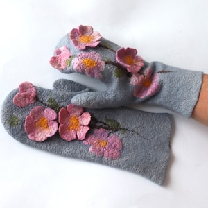 Felted Wool Mittens: Grey Merino with Pink Floral Appliqué