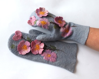 Guantes de fieltro Mittens de fieltro a mano, guantes de lana rosa gris, guantes de lana gris, guantes de invierno acogedores, calentador de brazos de lana gris