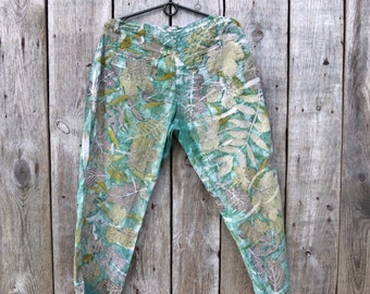 Cotton pants for women dye eco print botanical print Green Cotton  Pants medium size hand dyed  trousers  galafilc