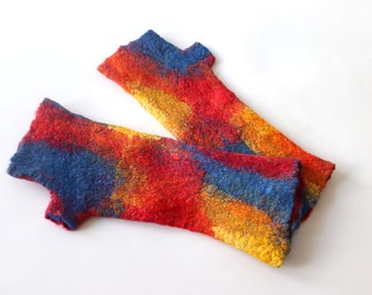 Felted Mittens, fingerless gloves, Wool gloves, Yellow Blue Red  fingerless Winter gift, Warm mitts, colorful gloves gift for her