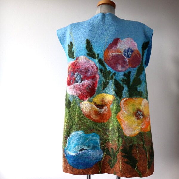 Veste en feutre pour femme Gilet en laine bleu Gilet en feutre fleuri avec fleurs Galafilc